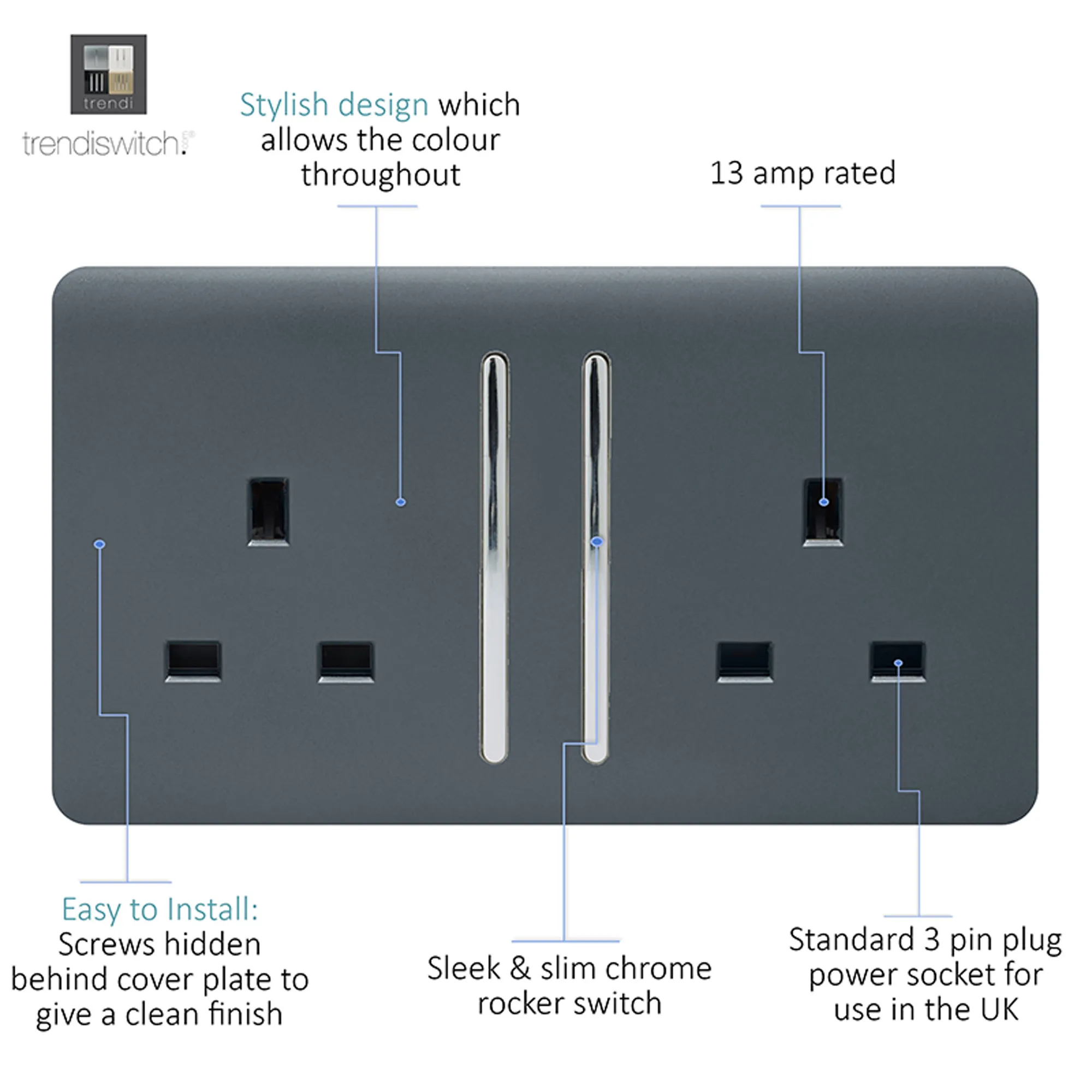 2 Gang 13Amp Long Switched Double Socket Warm Grey ART-SKT213LWG  Trendi Warm Grey